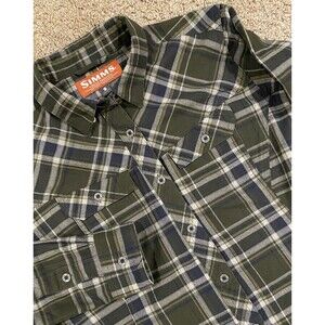 Simms‎ Flannel Shirt Mens Small Green Blue Plaid Long Sleeve Outdoor Hiking